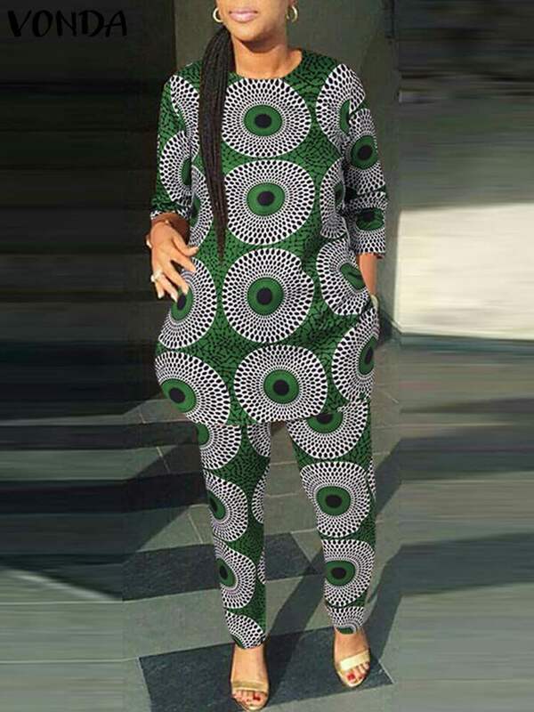 VONDA-conjunto holgado de manga larga para mujer, traje elegante con estampado a la moda, informal, con cintura elástica y Tops, 2023
