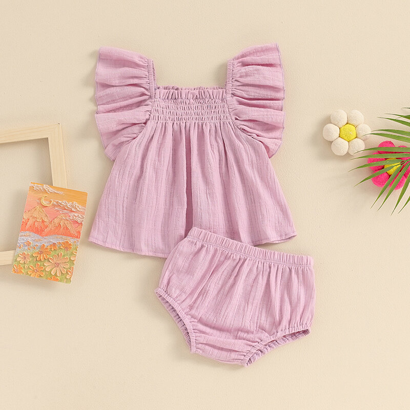 Regatas de babados de cor sólida femininas e conjunto de calções elásticos, roupas fofas de bebê, roupas de verão, 0-3Y, 2024-03-20