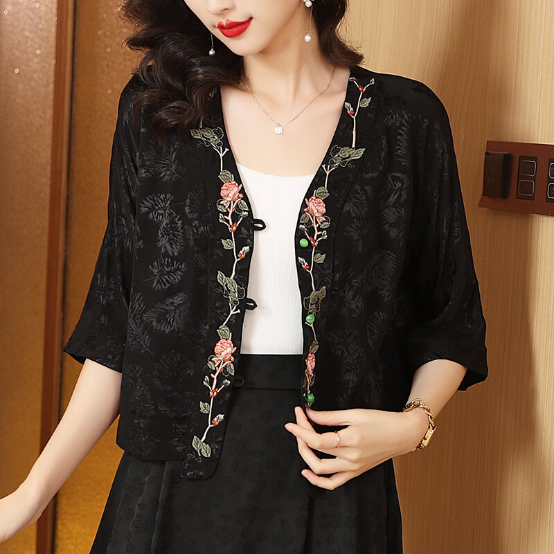 Heavy Industry Embroidered Silk Coat Spring/Summer Mulberry Silk Embroidered Sun Protection Shawl Top Overlay Cardigan