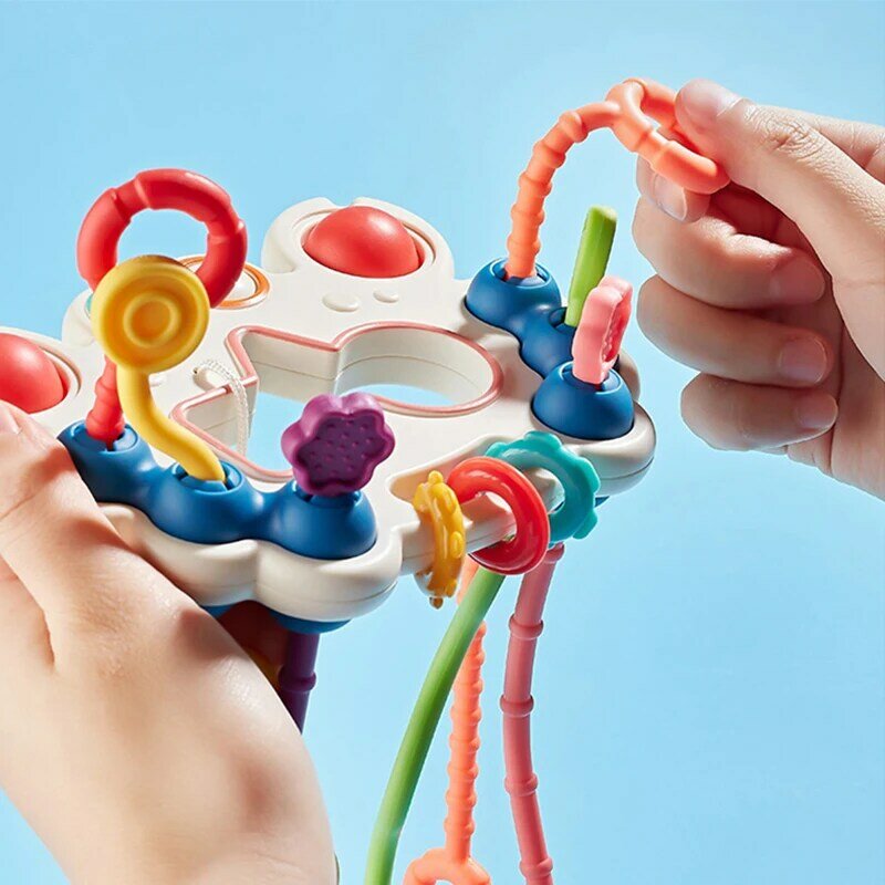 All in One Montessori Pull String Developmental Baby Toys 1-2Y Silicone Teethers Toys Colorful Sensory Cube Toys for Toddler