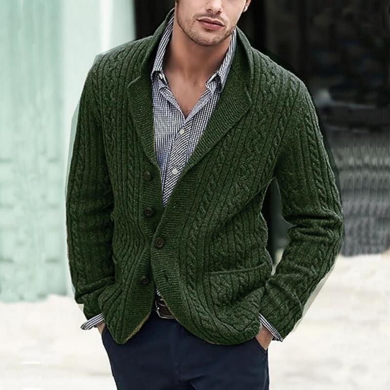 Sweater pria, mantel lengan panjang kasual musim gugur dan dingin, kantong tekstur putar, kardigan rajut pria kancing sebaris