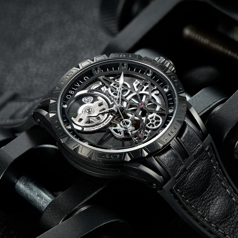 OBLVLO Brand All Black Sport Skeleton Automatic Mechanical Watch for Men Self-Wind Rubber Strap Sapphire Waterproof LM