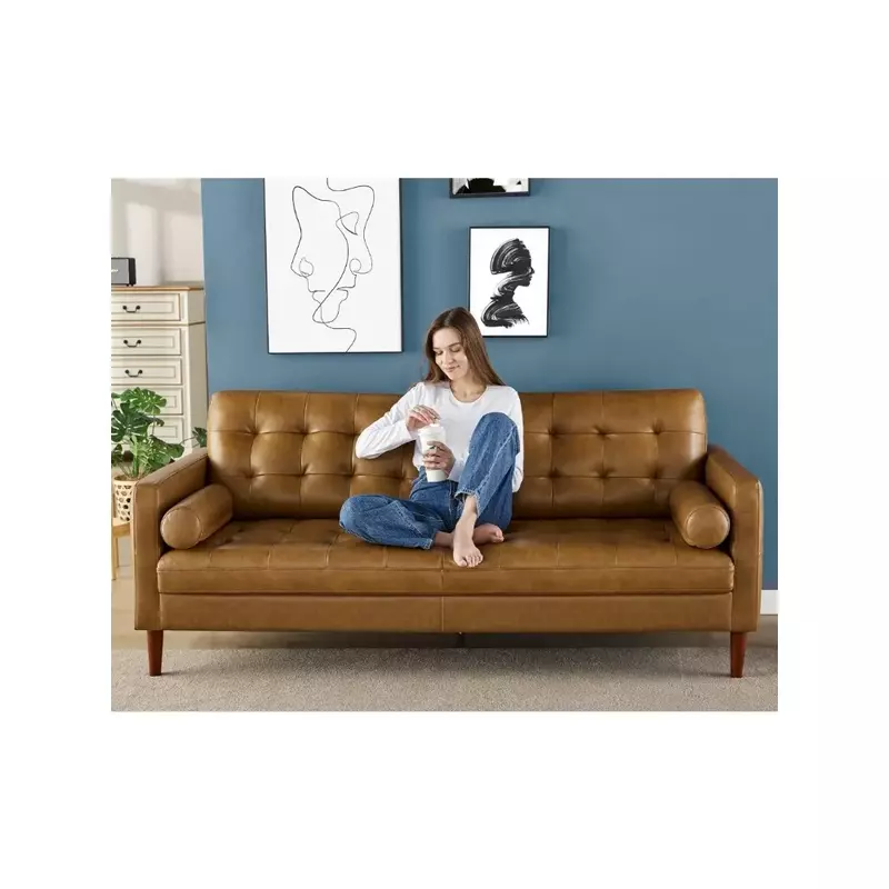 Sofá de couro genuíno para sala de estar, sofá confortável de 3 lugares, sofá moderno do meio século, casa e escritório
