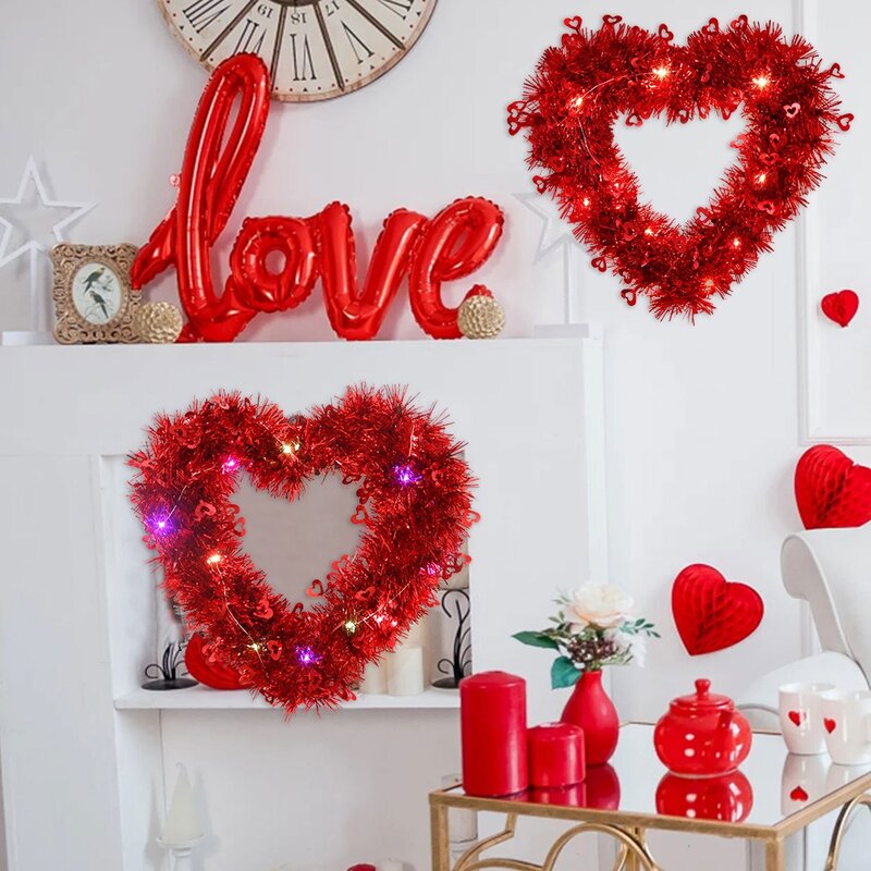LEDライト付きハート型ガーランズ、タンセルリース、光沢のある赤、装飾品、雰囲気の装飾、バレンタインデー