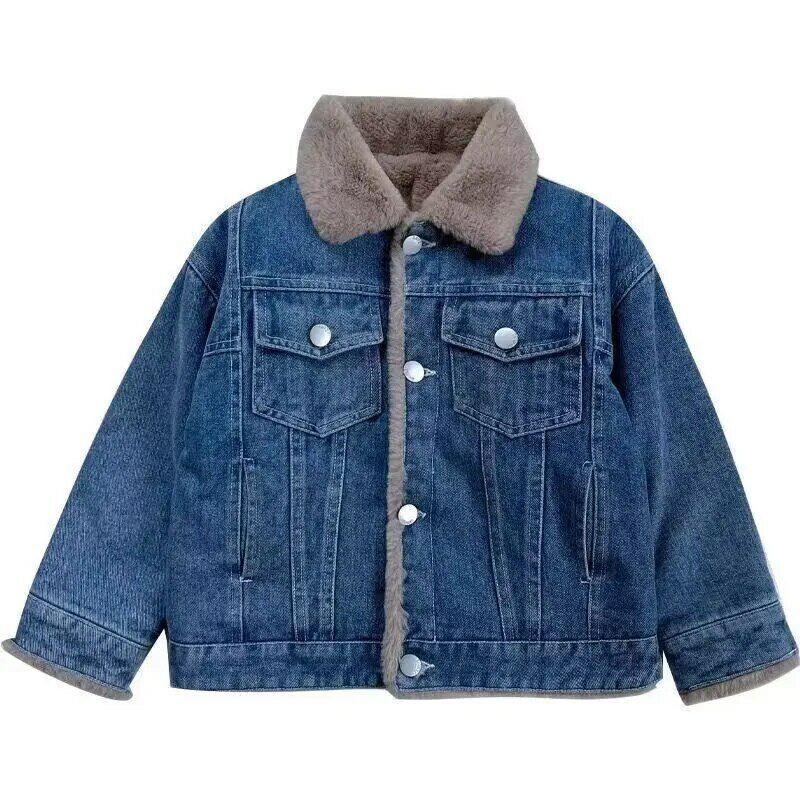 Jaket Denim tebal edisi Korea anak-anak, mantel hangat kerah Polo bayi laki-laki baru musim gugur dan musim dingin