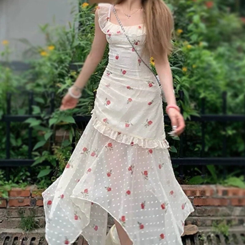 Houzhou elegante vestido floral doce, vestido Kawaii Resort, sem mangas, sexy irregular, patchwork, vestidos longos, verão