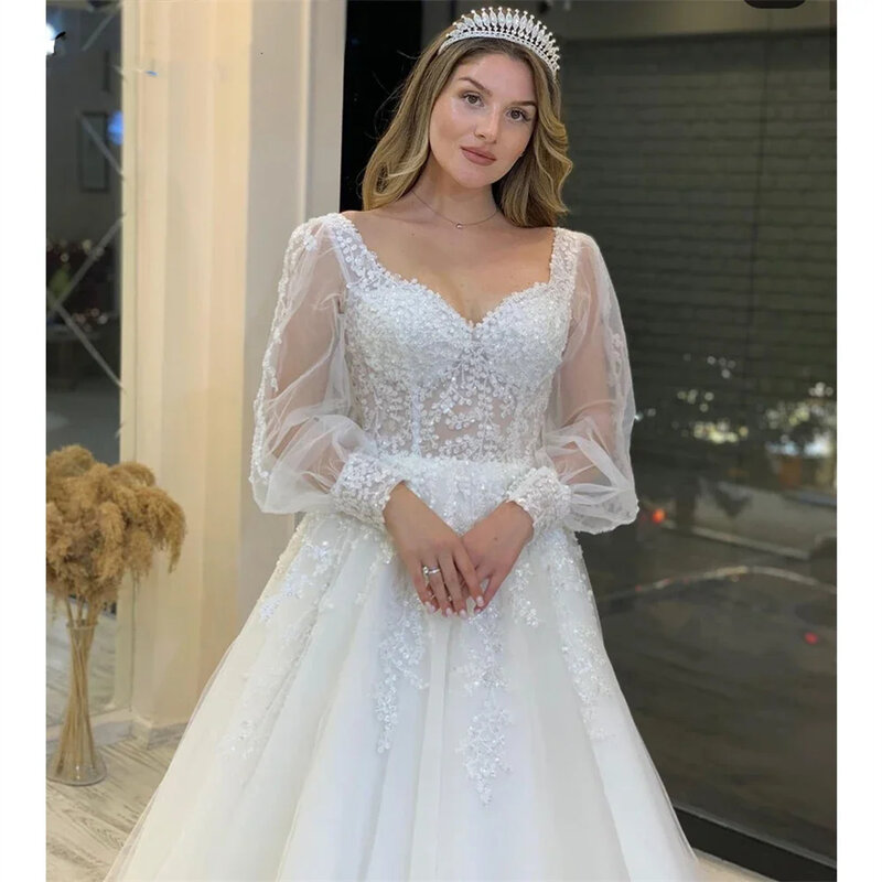 Elegante Tüll applikationen Spitze V-Ausschnitt volle Ärmel 2024 Brautkleider für Frau Sweep Zug Abendkleid Vestidos de Noiva