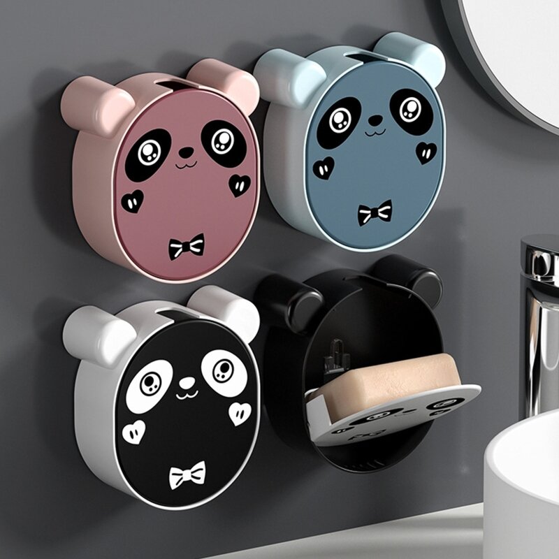 Fast Draining Soap Storage Shelf Wall-mounted Soap Holder Cartoon Panda Flip Lid Drain Soap Box Easy to Clean Punch-free