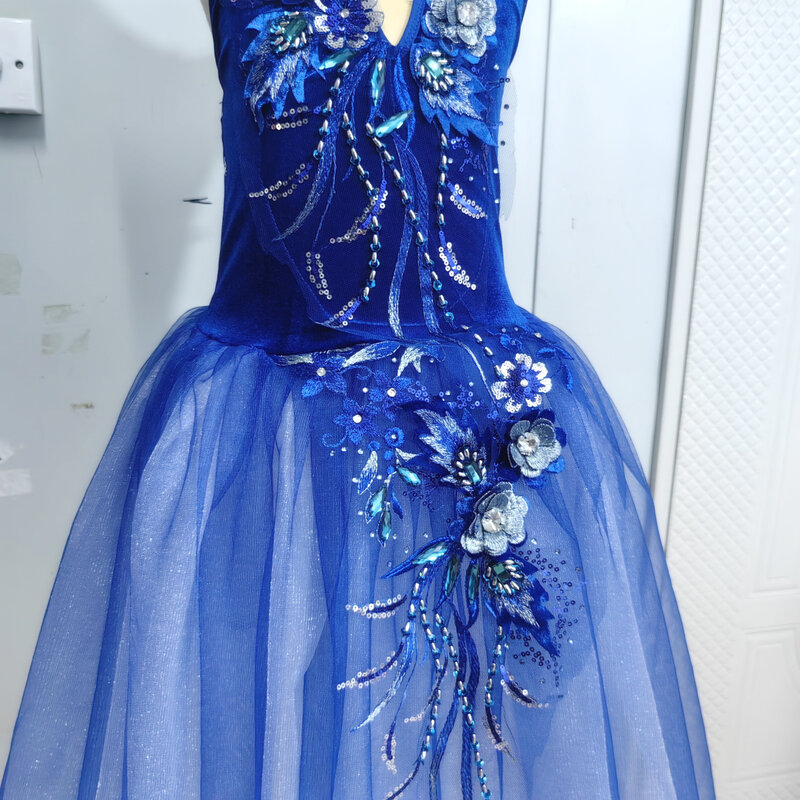 กระโปรงบัลเล่ต์สีฟ้าชุดเดรส3D ลายดอกไม้ชุดการแสดงชุดฝึกเจ้าหญิงชุดยาวโรแมนติก