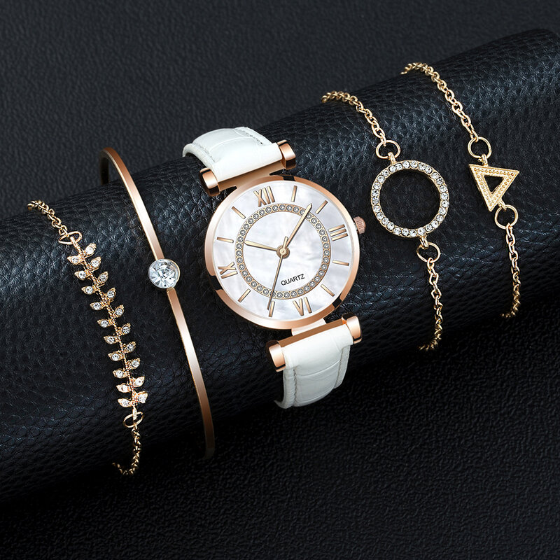 5 stücke Frauen Uhr Set Frau Casual Quarz Armbanduhr Leder Armband Luxus Uhr 2022 Geschenk Für Freundin Relogio Femenino