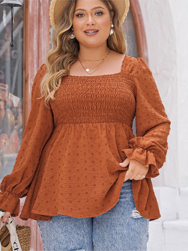 Plus Size Spring Square Collar Tops Women Ruffle Pleated Fashion Polka Dot Ladies Blouses Long Sleeve Casual Loose Woman Tops