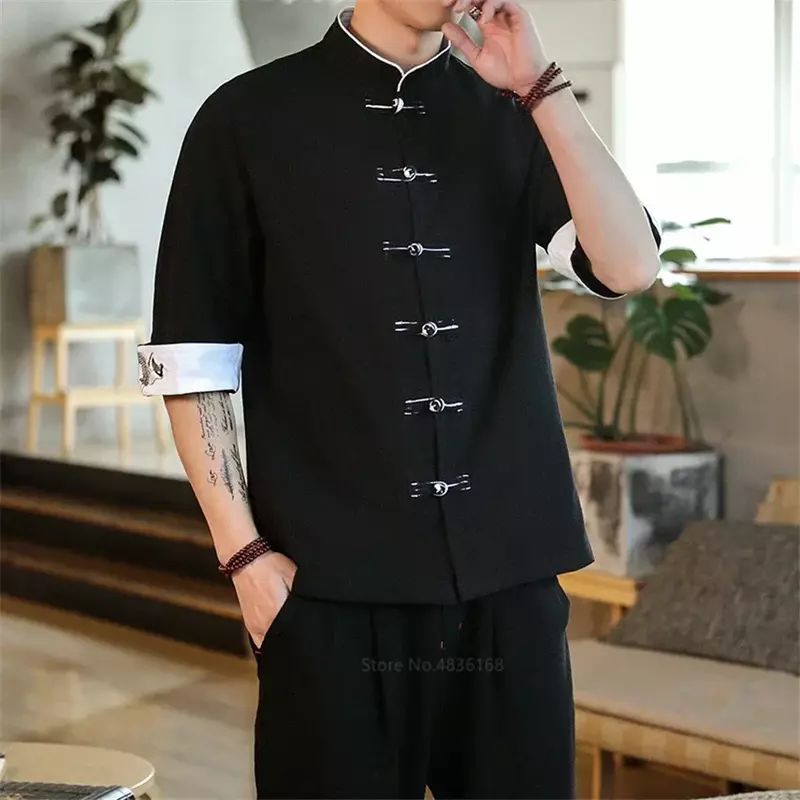 Summer Crane Embroidery Top Traditional Chinese Clothing for Men Vintage Half Sleeve Linen Shirts Madarin Collar Hanfu Kungfu