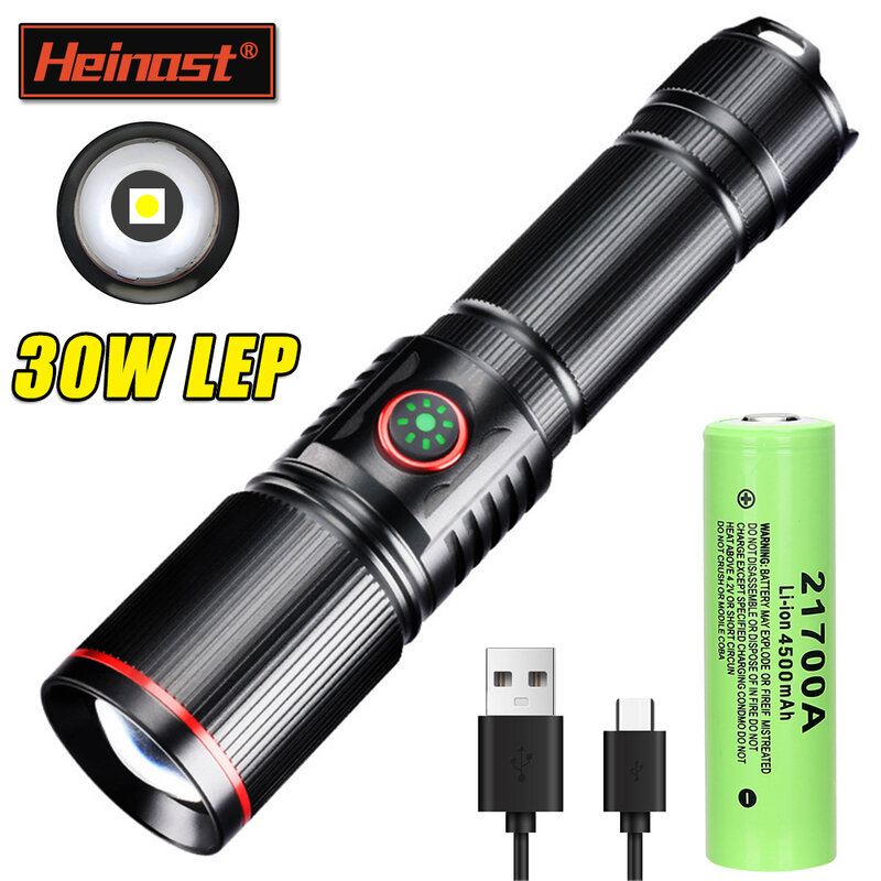 Heinast 1000lm S009 Powerful Tactical LEP Flashlight 18650 or 21700 Battery Zoom Torch Light Lamp with Tail Rope Power Indicator