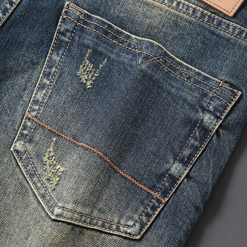 Włoski styl modne dżinsy męskie wysokiej jakości Retro sprany niebieski rozciągliwe dopasowanie pasuje do porwane jeansy mężczyzn Vintage designerskie spodnie dżinsowe