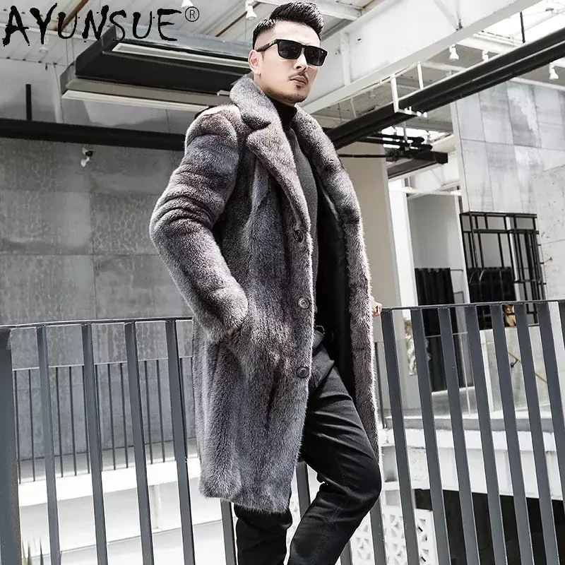 AYUNSUE-casaco de pele de vison natural para homens, jaqueta de pele real, colarinho de terno de peito único, casacos longos, qualidade superior, luxo, inverno