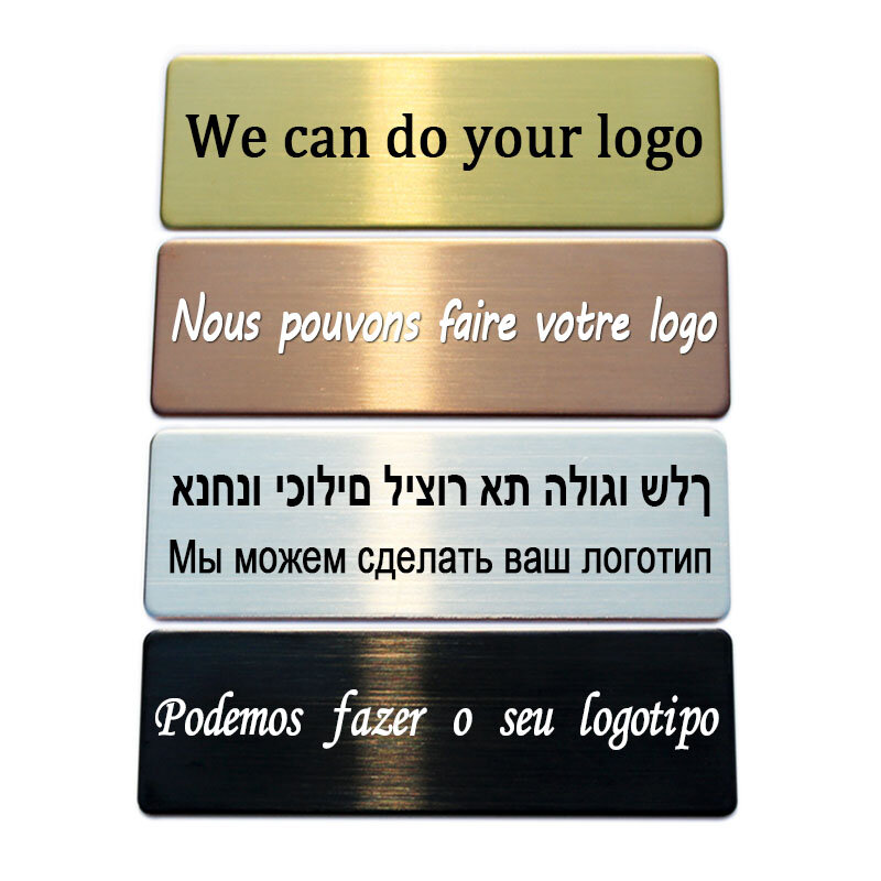 Broches gravados customizáveis do metal do logotipo do texto, texto personalizado, placa da identificação do negócio, etiqueta personalizada, crachás, 60x20mm, 70x20mm, 70x20mm, 70x25mm