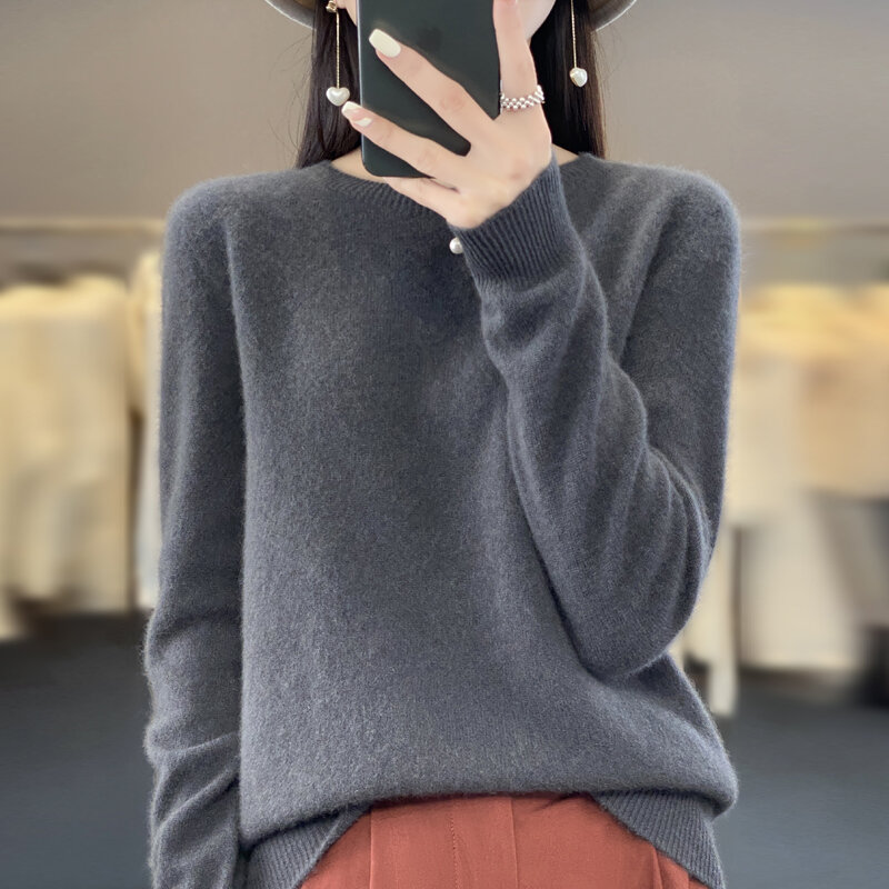 Suéter de cachemira para mujer, Jersey cálido de lana merina con cuello redondo, top de otoño e invierno, novedad de 100%