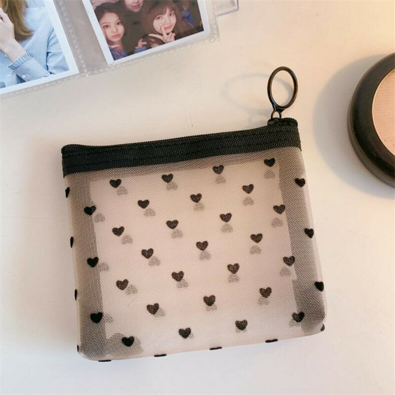 Mesh Cosmetic Makeup Bags Case Holder Cute Transparent Zipper Black Heart Printed Pencil Pen Case Pouch Convenient To Carry