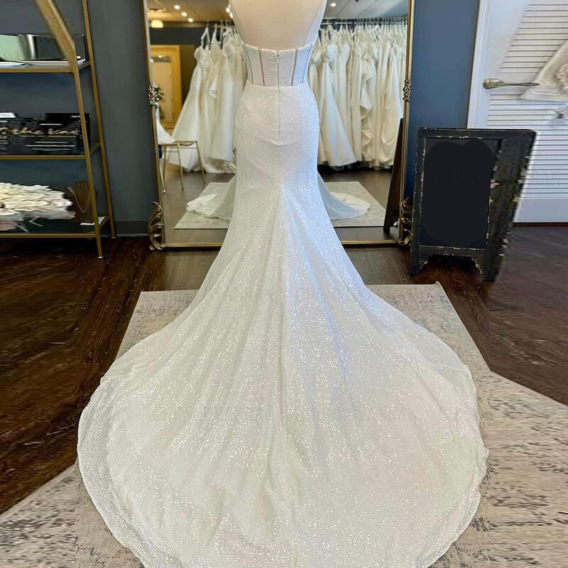 Robes de mariée sirène à paillettes scintillantes pour femmes, longue robe de mariée de luxe, robe sans bretelles sexy, 2024