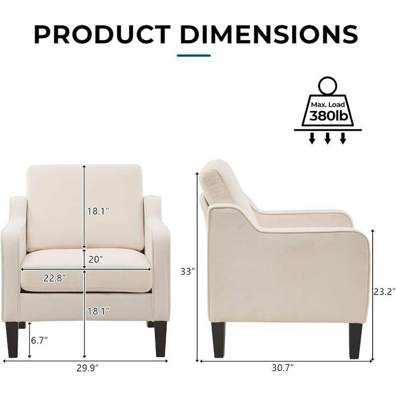 Beige for Living Room Upholstered Armchair With Scooped Arms for Bedroom Wooden Chair Apartment Studio Office Coffee Chairs Cafe