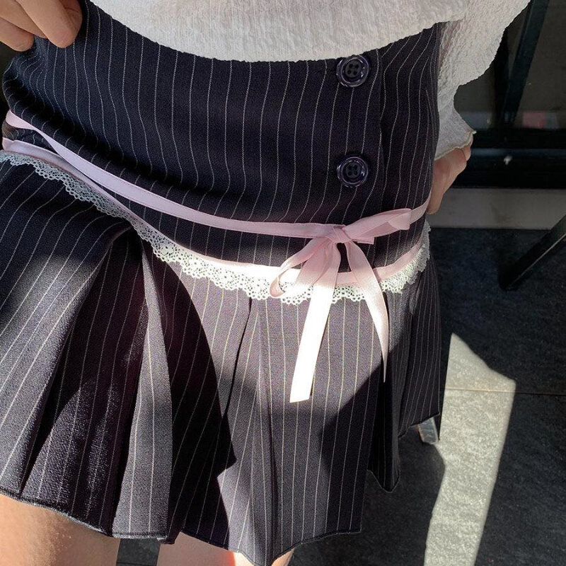 Женская плиссированная мини-юбка с бантом и кружевом, трапециевидная короткая юбка в Корейском стиле