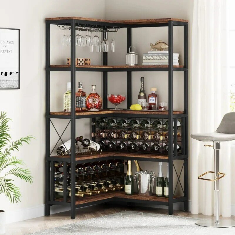 رف نبيذ صناعي قائم بذاته كبير ، خزانة نبيذ على شكل حرف L ، خزانة من 5 طبقات ، خزانة بار لتخزين الخمور والنظارات