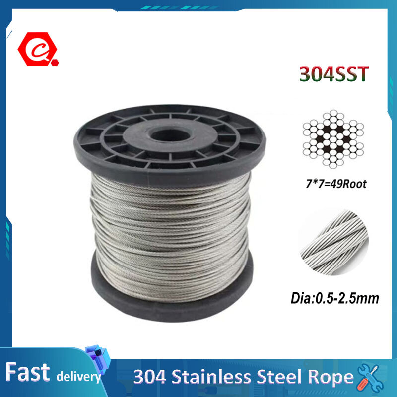 Cuerda de acero inoxidable 100 de 50/304 M, Cable de elevación más suave, 7x7, Structur Dia0.5, 0,6, 0,8, 1, 1,2, 1,5, 2, 2,5mm