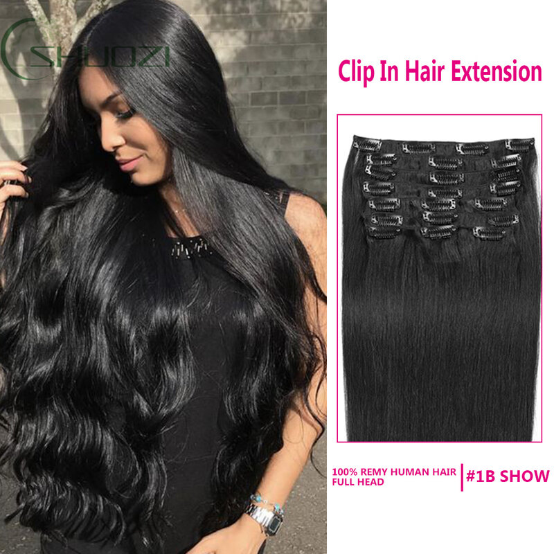 Extensão de cabelo reto com clipe para mulheres, cabelo humano, remy brasileiro, natural, moderno, peruca de cabeça cheia, 16 em 24 polegadas