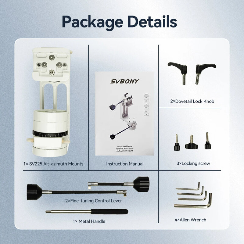 SVBONY-montaje de telescopio SV225, ángulo ajustable, alt-azimuth, sin trípode, controles de movimiento lento, Cables para seguimiento de planetas y luna