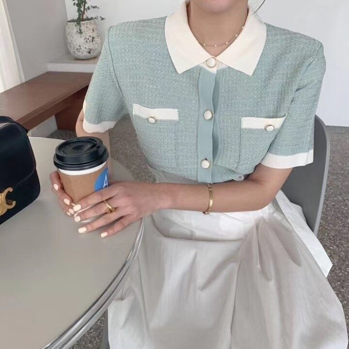 VOLALO-Camisa de manga corta con cuello vuelto para mujer, abrigo fino de punto de seda helada, estilo japonés, verano, 2024