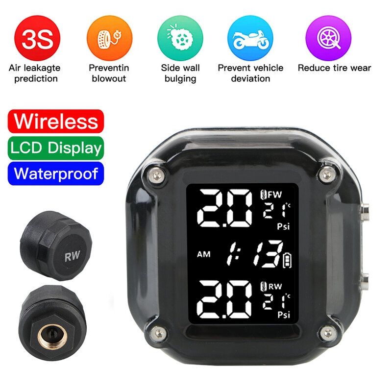 0-6.6Bar TPMS Sensors Motorcycle Tire Pressure Monitoring System With Clock Tyre Tester Test Diagnostic Motorbike Accessories