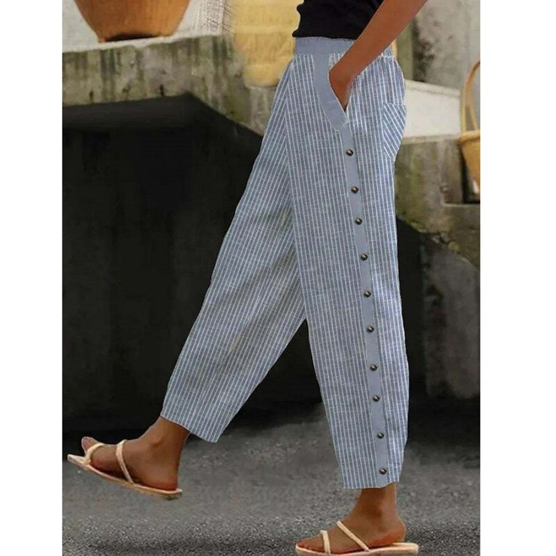 Celana crop kasual wanita, celana motif garis kancing karet Musim Panas 2024