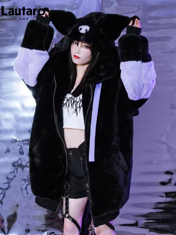 Lautaro Herbst Winter übergroße Farb block Kunst pelz Mantel Frauen Harajuku Kawaii süße süße flauschige Jacke Hoodie mit Hasen ohren