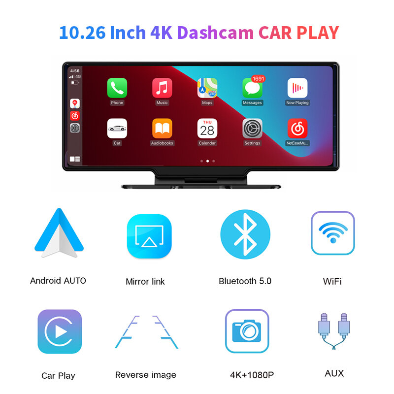 10.26นิ้ว Apple CarPlay Bluetooth Android Auto กล้อง DVR แบบ Dual กล้องการบันทึก4K + 1080P WiFi Mirror Link เครื่องเล่นวิดีโอมัลติมีเดีย