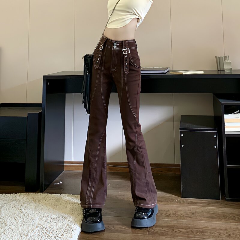 Jins Coklat Celana Menyala Wanita Pinggang Tinggi Antik Mode Korea Y2k Streetwear Desain Rasa Komuter Kasual Celana Kaki Lebar