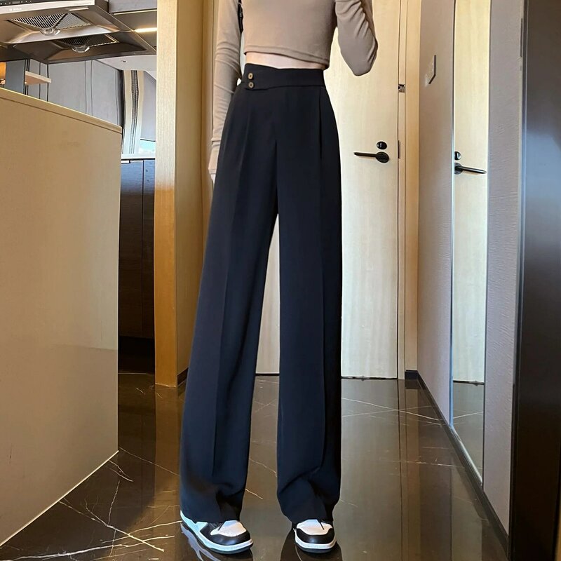 Pure White Black Casual Pants Women In Autumn And Winter High Waist Straight Wide Leg Suit Pants Versatile
