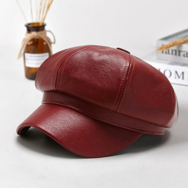 Women Adjustable Beret Stylish Faux Leather Beret for Women Retro Sun Protection Hat with Short Brim Breathable for Spring