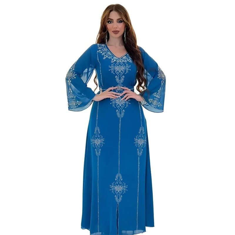 2024 diamenty z szyfonu Abaya maroko imprezowe muzułmańskie eleganckie damskie sukienki Kaftan Dubai suknia Jalabiya Caftan Islam odzież