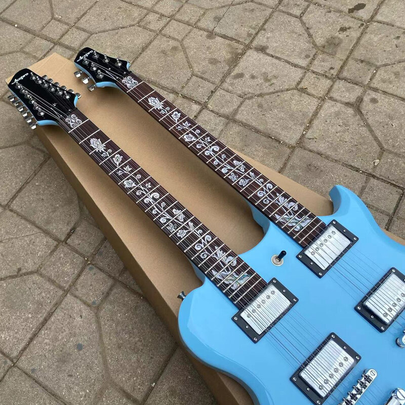В наличии Acepro электрическая гитара синего цвета с двойной шеей, 6-струнная гитара + 12-струнная гитара Combo, хромированная фурнитура