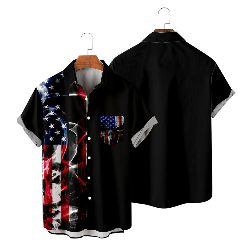 Pria Hari Kemerdekaan bendera 3D Digital cetak mode Lapel tombol T Shirt Camisas De Hombre pakaian pantai pria tampan