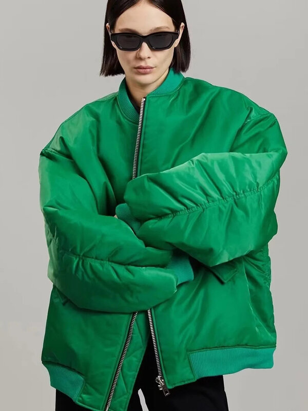 ซิปเสื้อลำลองลำลองสีเขียวฤดูหนาวแจ็คเก็ตหลวมเสื้อโค้ทยาวหญิงแฟชั่น Streetwear เสื้อแขนยาว Outerwear