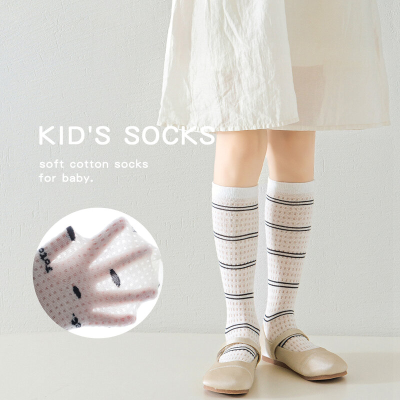 Calcetines largos de verano para niñas, medias de malla hasta la rodilla con patrón de dibujos animados, de algodón fino, de 1 a 12 años