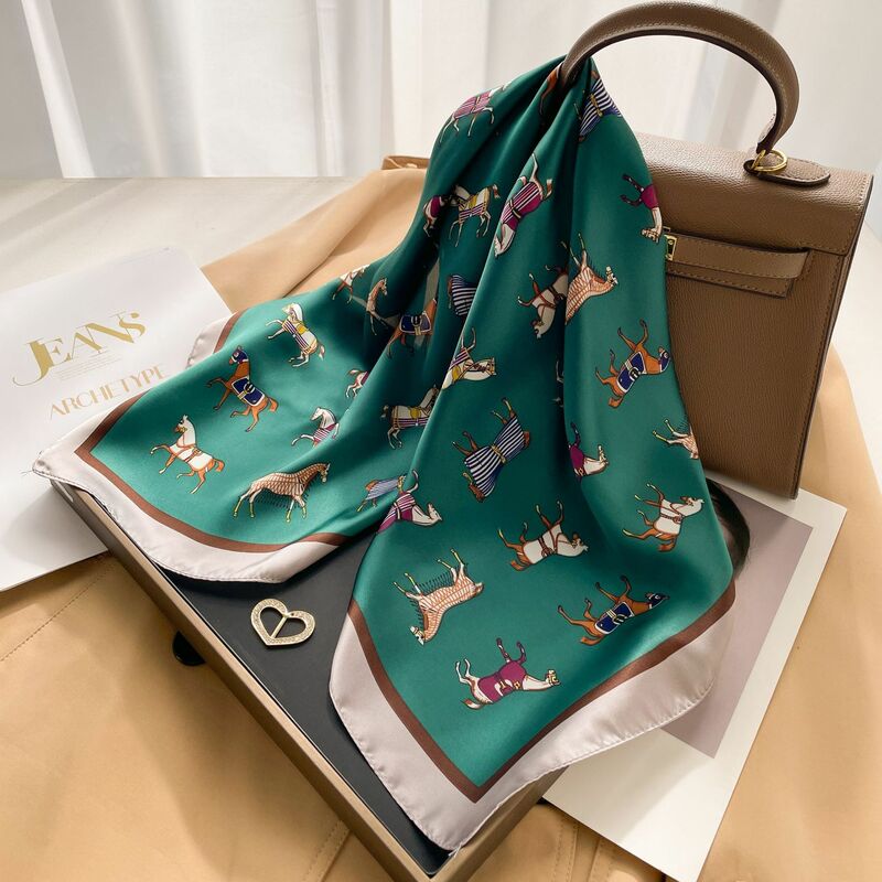 Lenço quadrado de seda para mulheres, 100% marca de luxo real lenço estampado cavalo, saco de mão de cabelo feminino lenço foulard de pulso