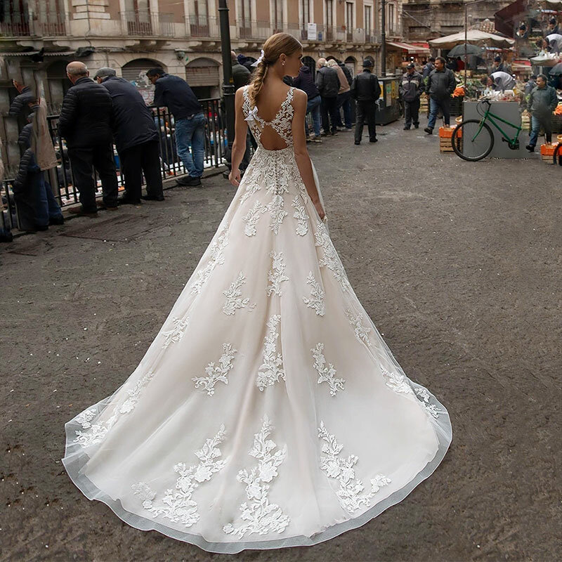 Love dress Strand V-Ausschnitt ärmellose Hochzeits kleid Spitze Mode A-Linie rücken freie Brautkleid Tüll Falten für Braut Robe de Mariée