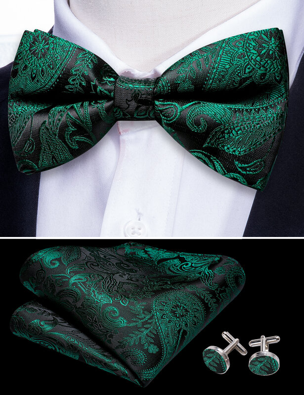 Elegant Green Bowtie For Men Classic Silk Paisley Butterfly Handkerchief Cufflinks Set Groom Wedding Party Designer Barry.Wang