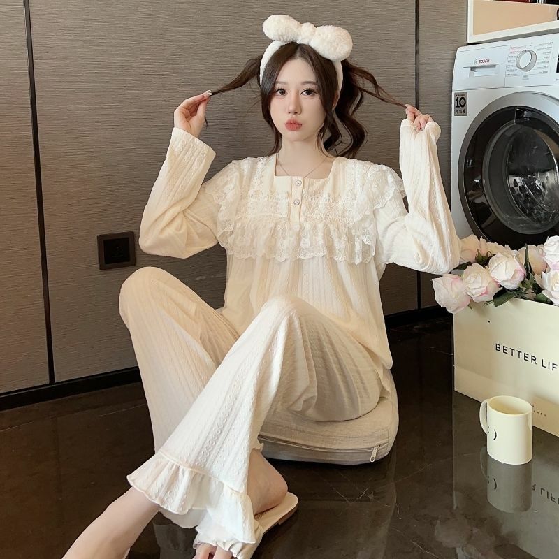 Women Pajamas 2024 New Jacquard Combed Cotton Square Collar Lace Sleepwear Set Korean Style Large Size Female Homewear Suit