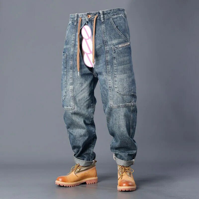 Invisible Open Crotch Outdoor Sex Denim Men's Pants Loose Retro Denim Trousers Hip Hop Big Pocket Workwear Casual cargo clothes
