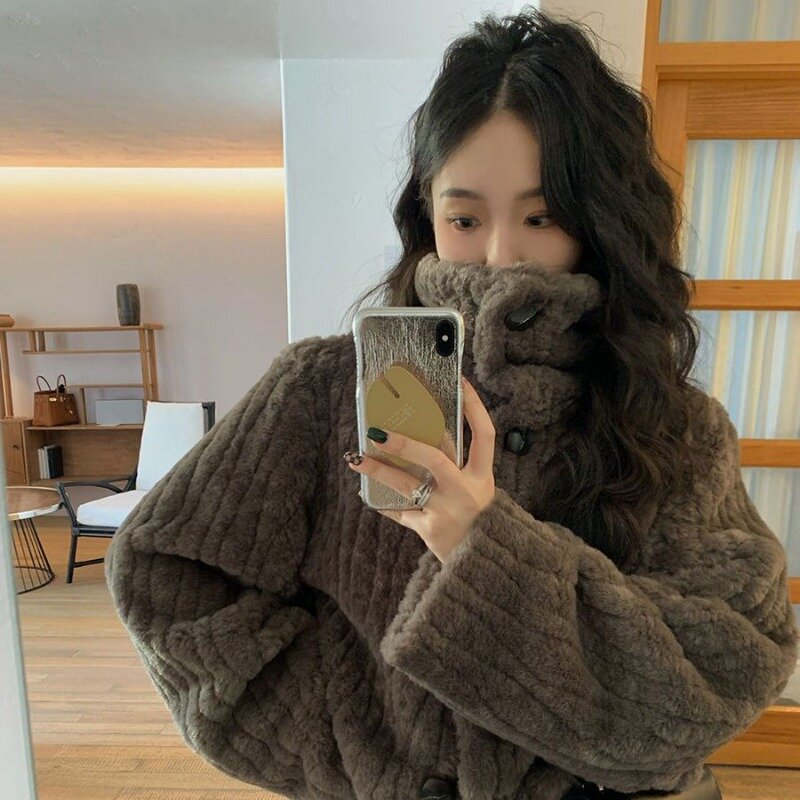 Women Short Temperamental Stand Collar Faux Fur Coat Winter Female Thicken Retro Niche Warm Plush Outcoat Casual Fashion Outwear
