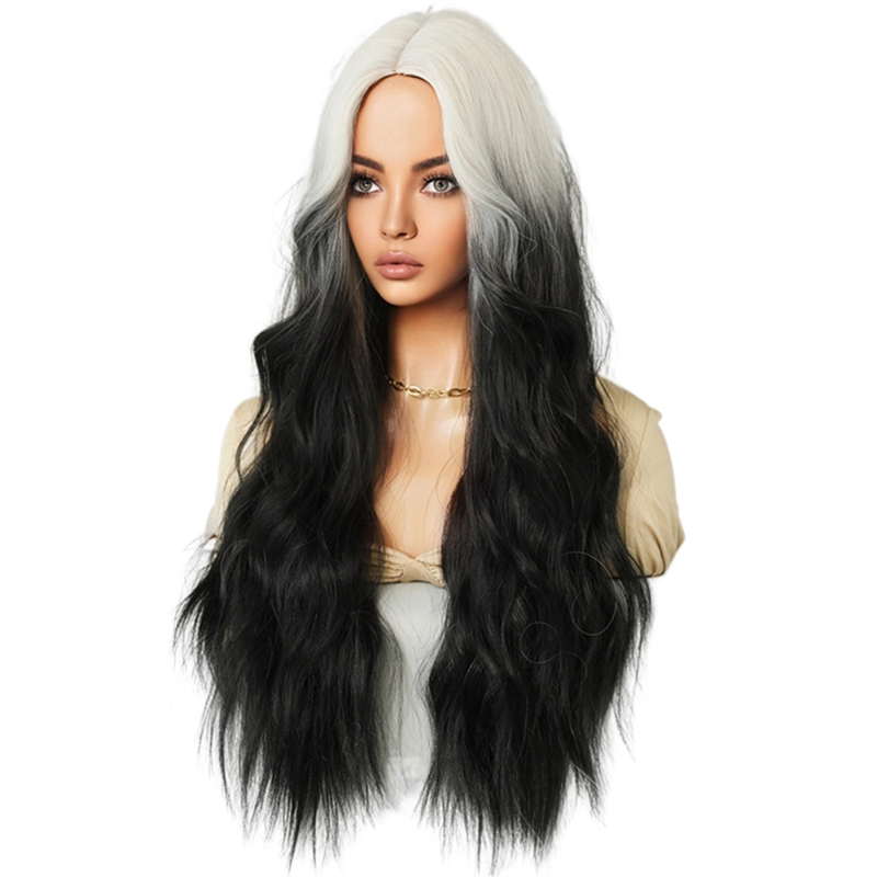 White Black Gradient 70cm Wig Female Long Curly Hair Center Parted Wig Bangs Water Ripple Chemical Fiber Wig