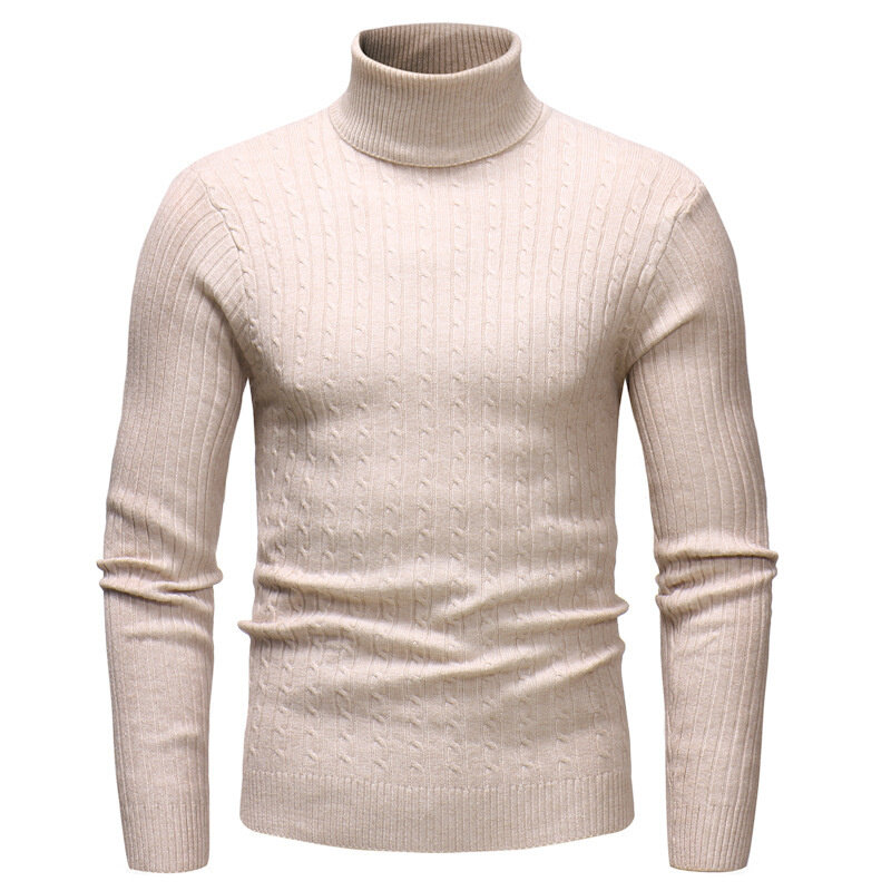 Sweter rajut bergaris kerah tinggi untuk pria, sweter musim gugur musim dingin